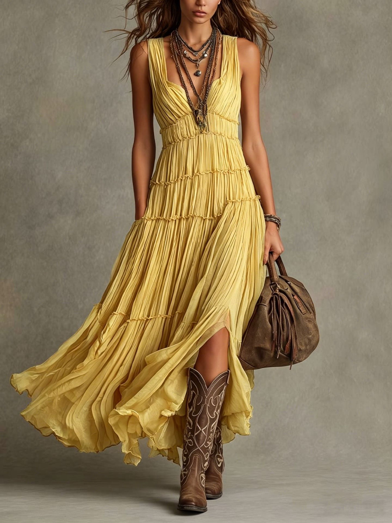 Sage Green Pleated Chiffon V-neck Flowing Maxi Dress