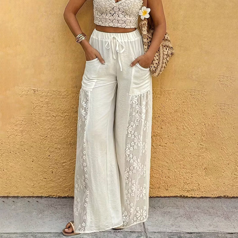 Lace floral patchwork elastic waist wide-leg pants