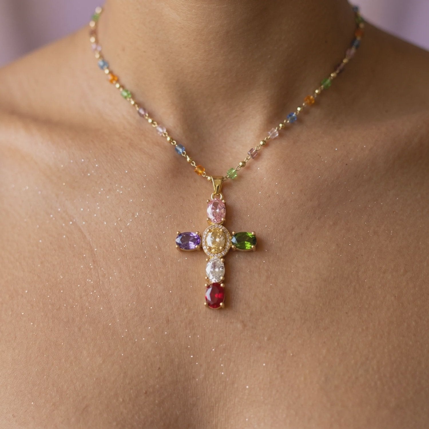 Colorful beaded cross necklace