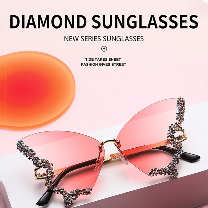 Butterfly-shaped sparkling rhinestone-rimmed sunglasses