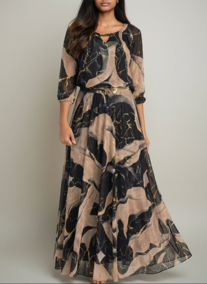 Elegant 3/4-sleeve printed waist-cinching dress