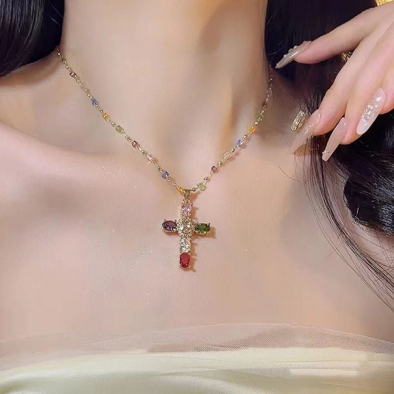 Colorful beaded cross necklace