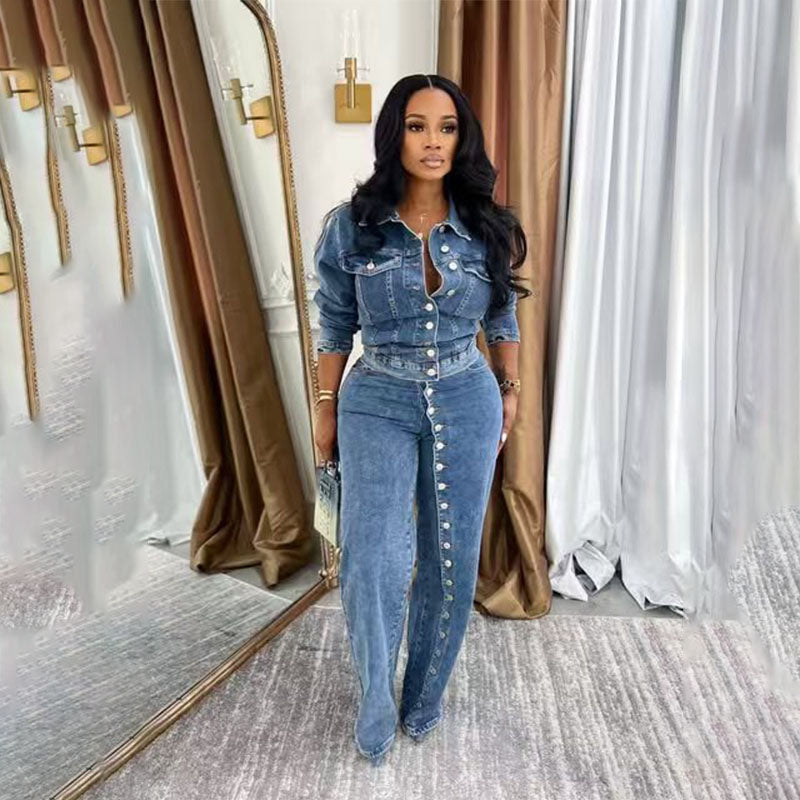 Long-sleeve button-front top and slim-fit jeans set