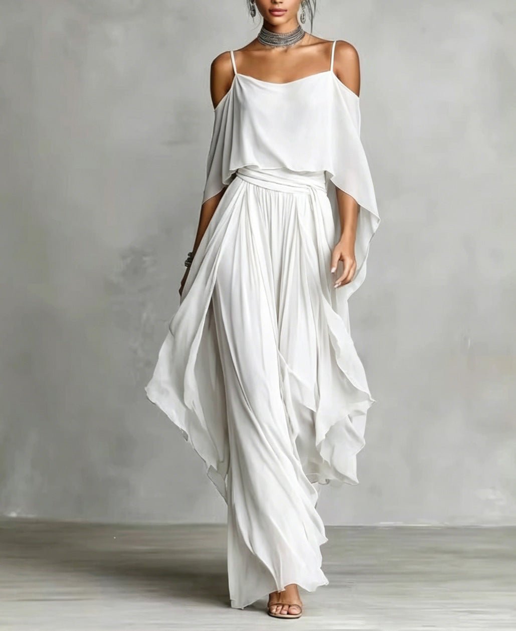 Grey off-shoulder flowy camisole and trousers chiffon set