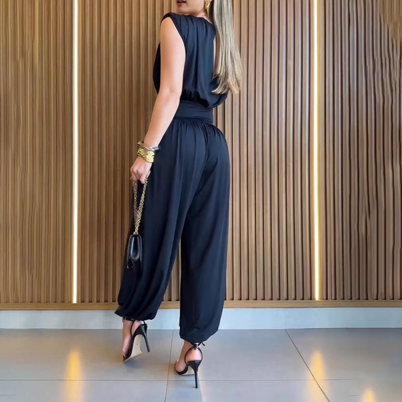 Drapey Sleeveless Wide Leg Waist Cinching Jumpsuit