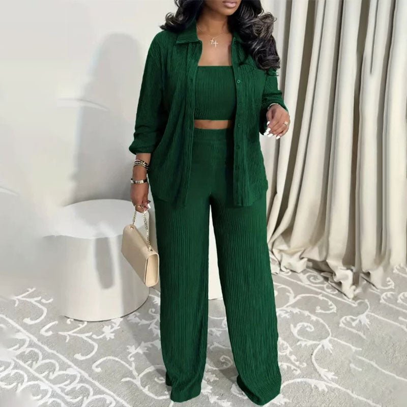 Loose-fitting collared shirt, tube top, and wide-leg trousers three-piece set