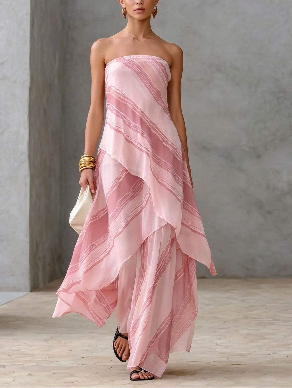 Casual Striped Chiffon Strapless Sleeveless Maxi Dress