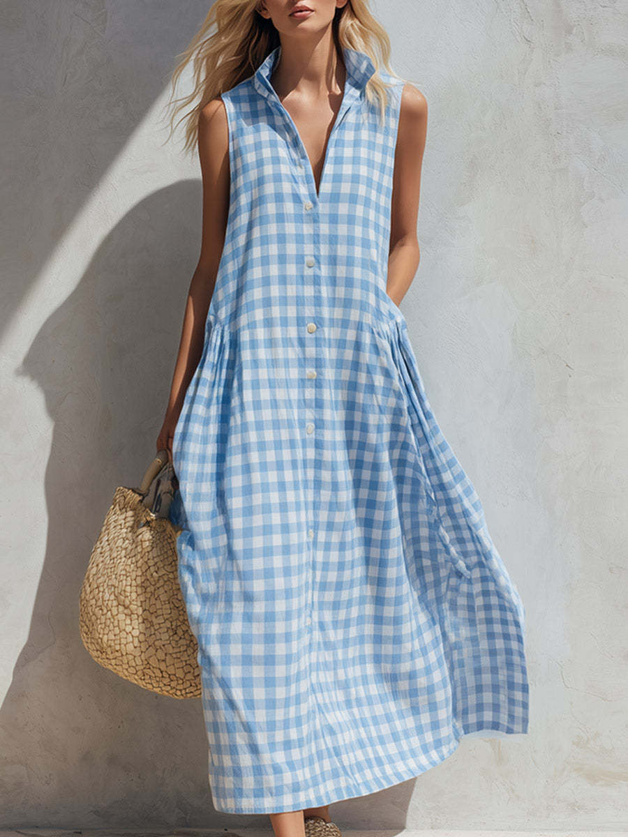 Loose-fitting plaid sleeveless beach vacation dress