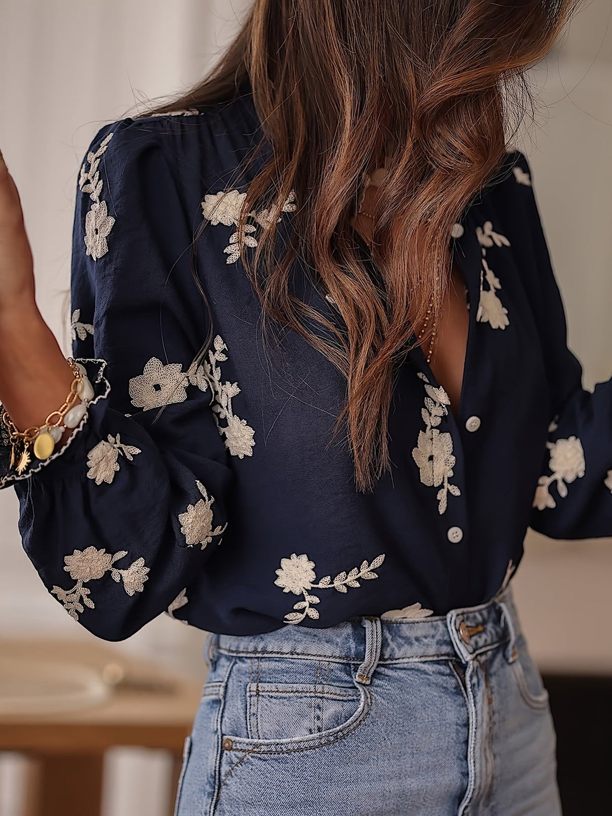 Women's Long-Sleeve Embroidered Chiffon Blouse