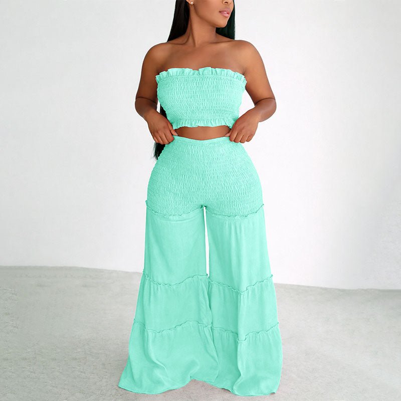 Ruched strapless top and tiered ruffle wide-leg pants set