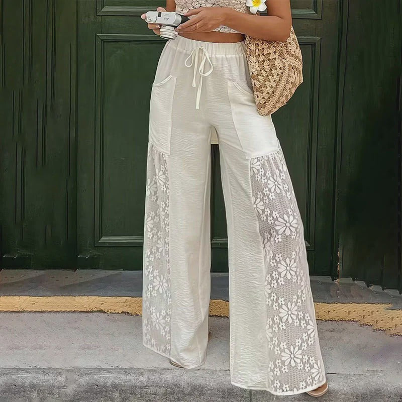 Lace floral patchwork elastic waist wide-leg pants