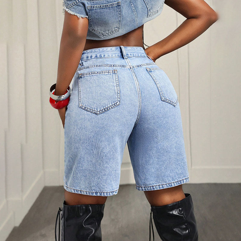 High-waisted irregular patchwork denim shorts