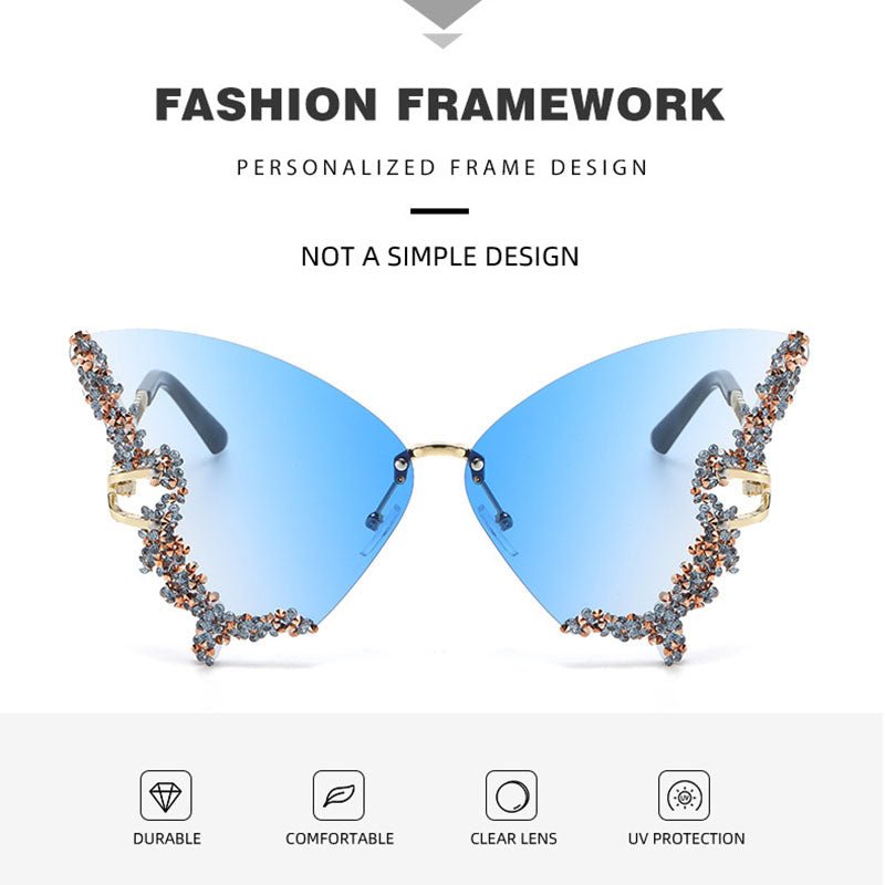 Butterfly-shaped sparkling rhinestone-rimmed sunglasses