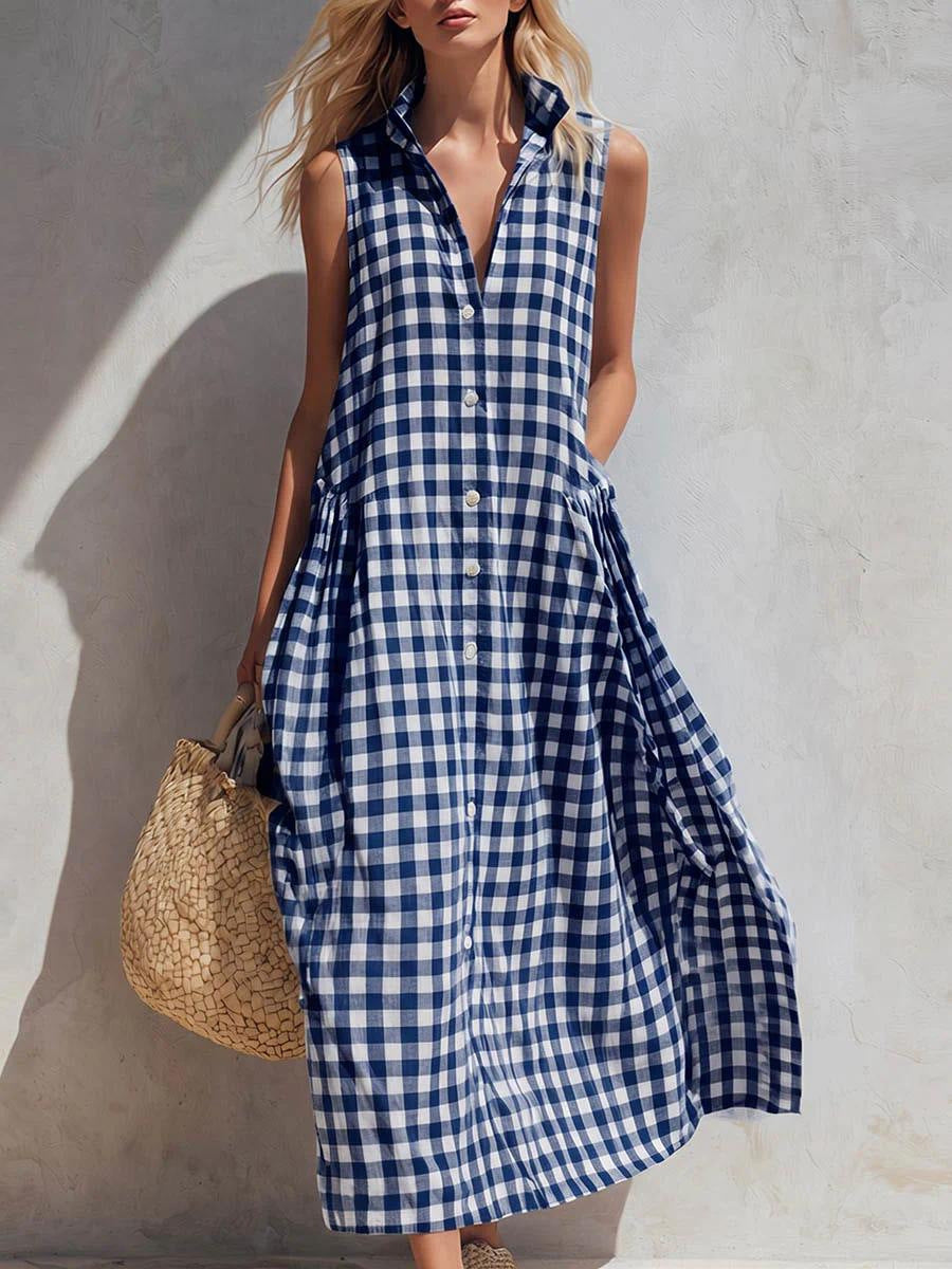 Loose-fitting plaid sleeveless beach vacation dress