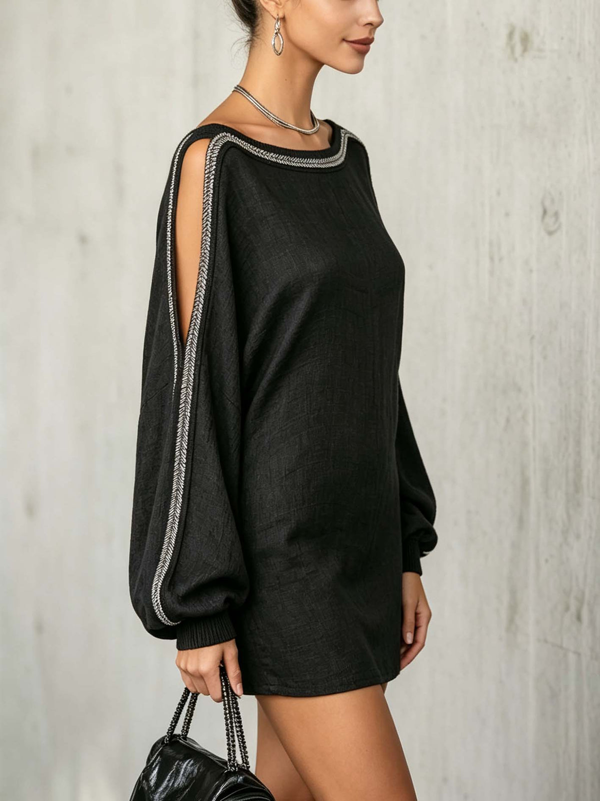 Black linen-blend lantern-sleeve mini dress with piped trim