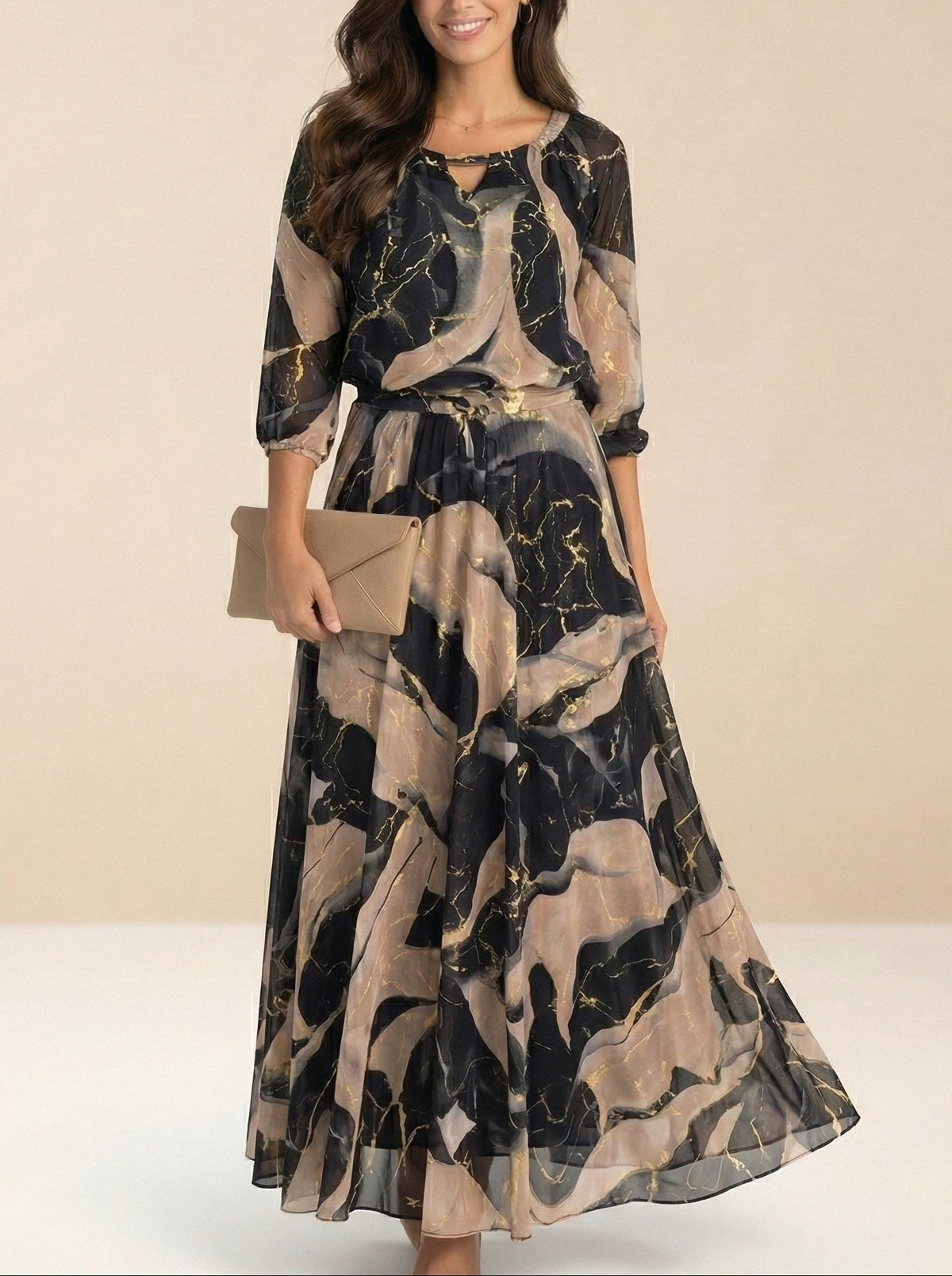 Elegant 3/4-sleeve printed waist-cinching dress