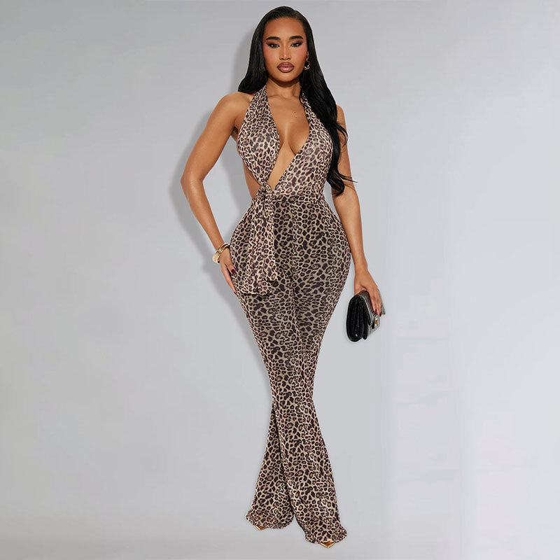 Leopard Print Halter Bodycon Jumpsuit