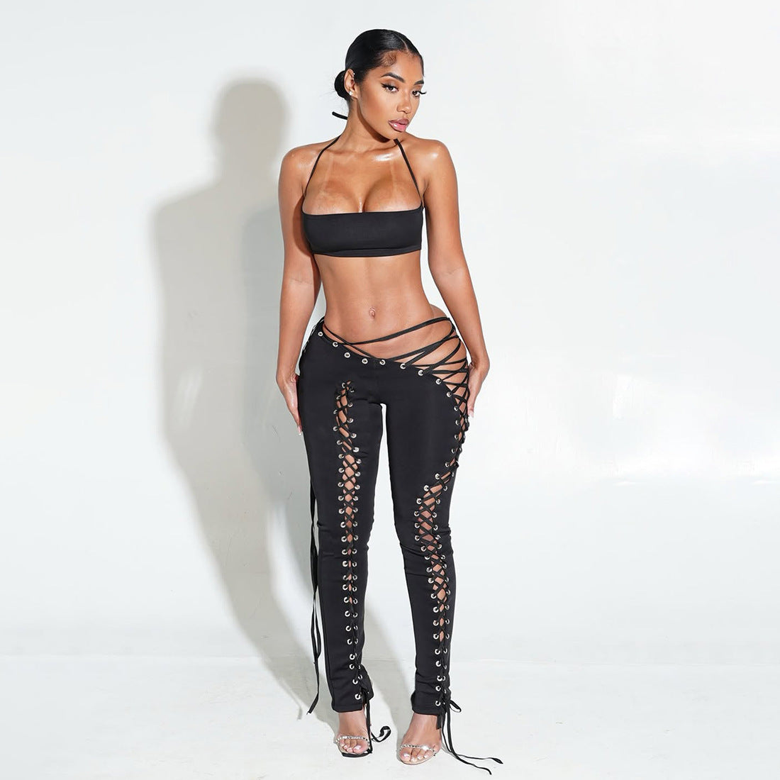 Short vest top with side tie leggings two-piece set