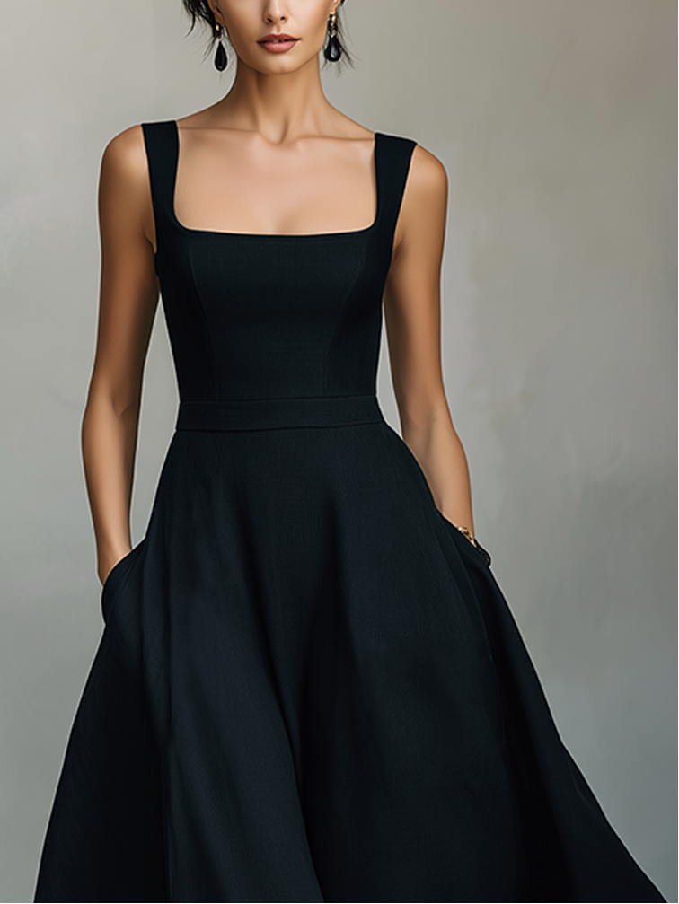Women’s Square Neck Sleeveless Black A‑Line Maxi Dress With Pockets