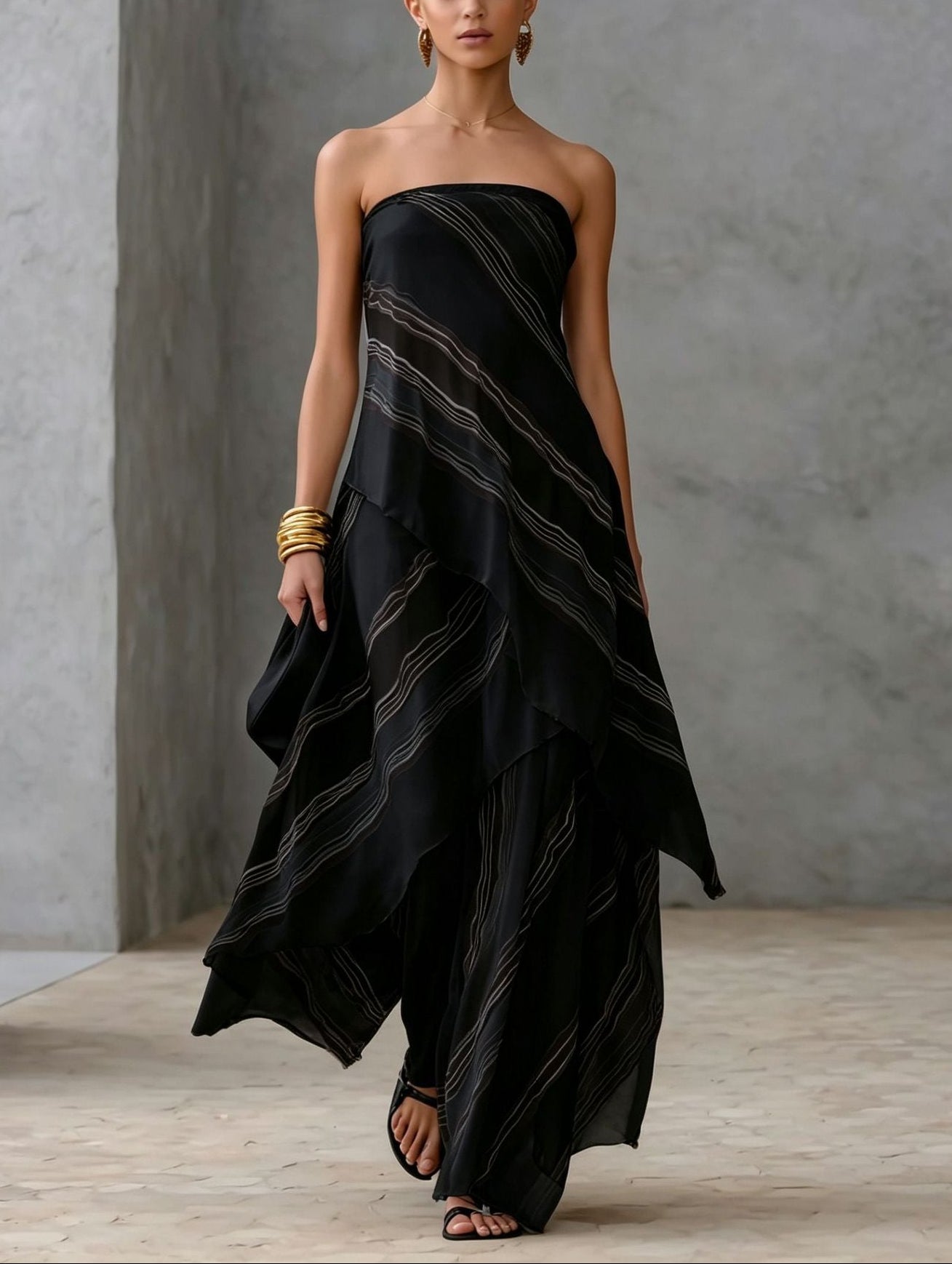 Casual Striped Chiffon Strapless Sleeveless Maxi Dress