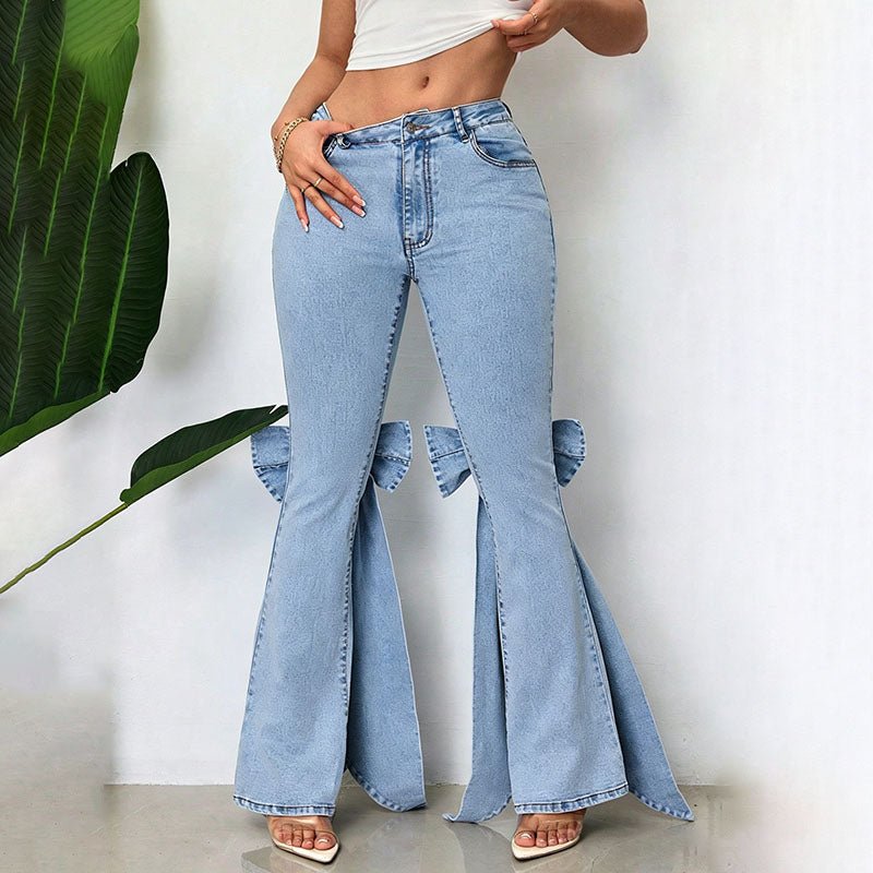 High-waisted bow-tie slim-fit stretch flared jeans