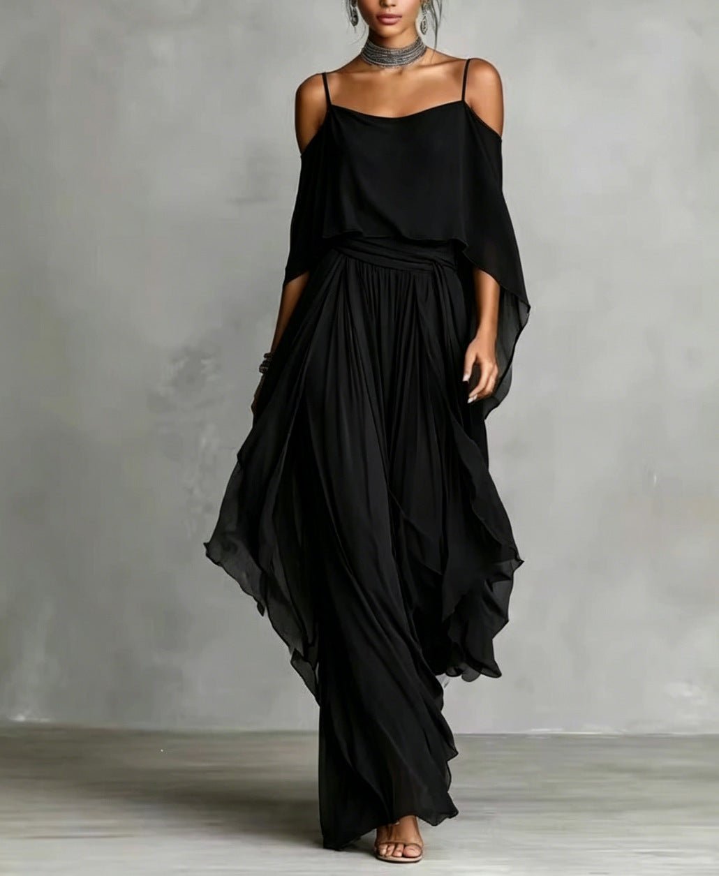 Grey off-shoulder flowy camisole and trousers chiffon set