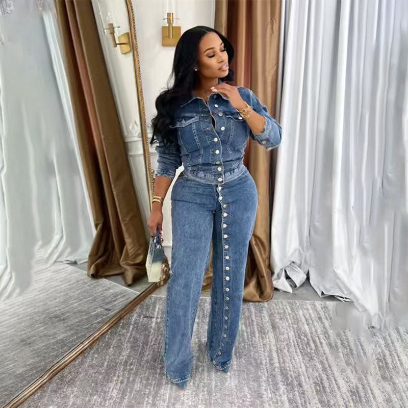 Long-sleeve button-front top and slim-fit jeans set