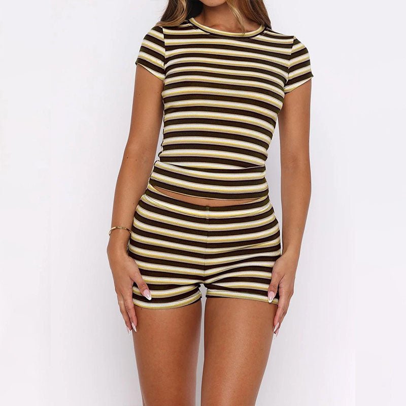Crew neck slim-fit striped top and shorts two-piece set