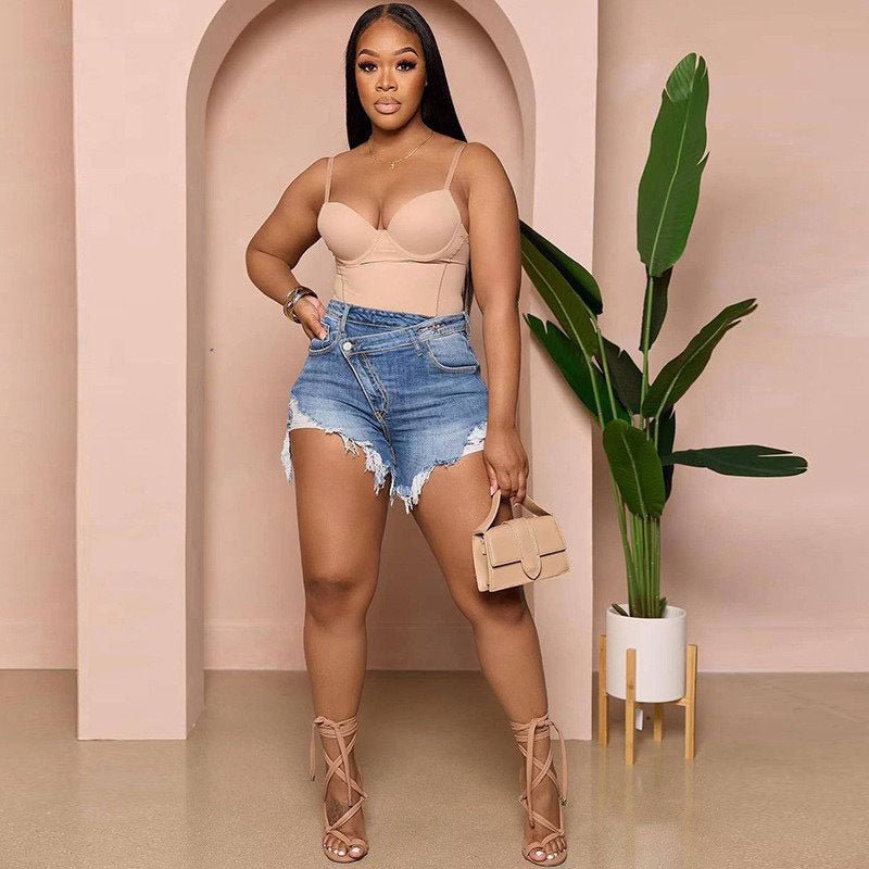 Asymmetric Button Raw-Hem Denim Shorts