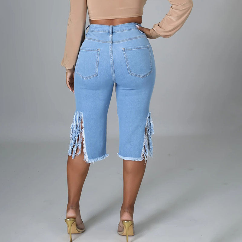High-waisted ripped fringed denim capri pants