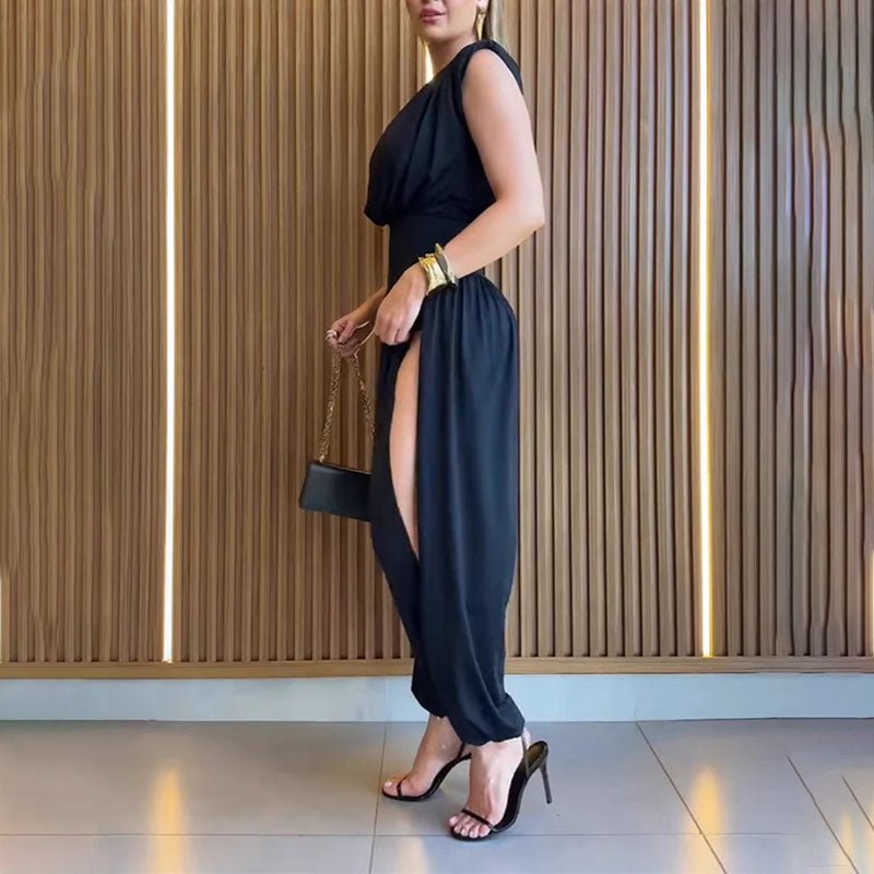 Drapey Sleeveless Wide Leg Waist Cinching Jumpsuit