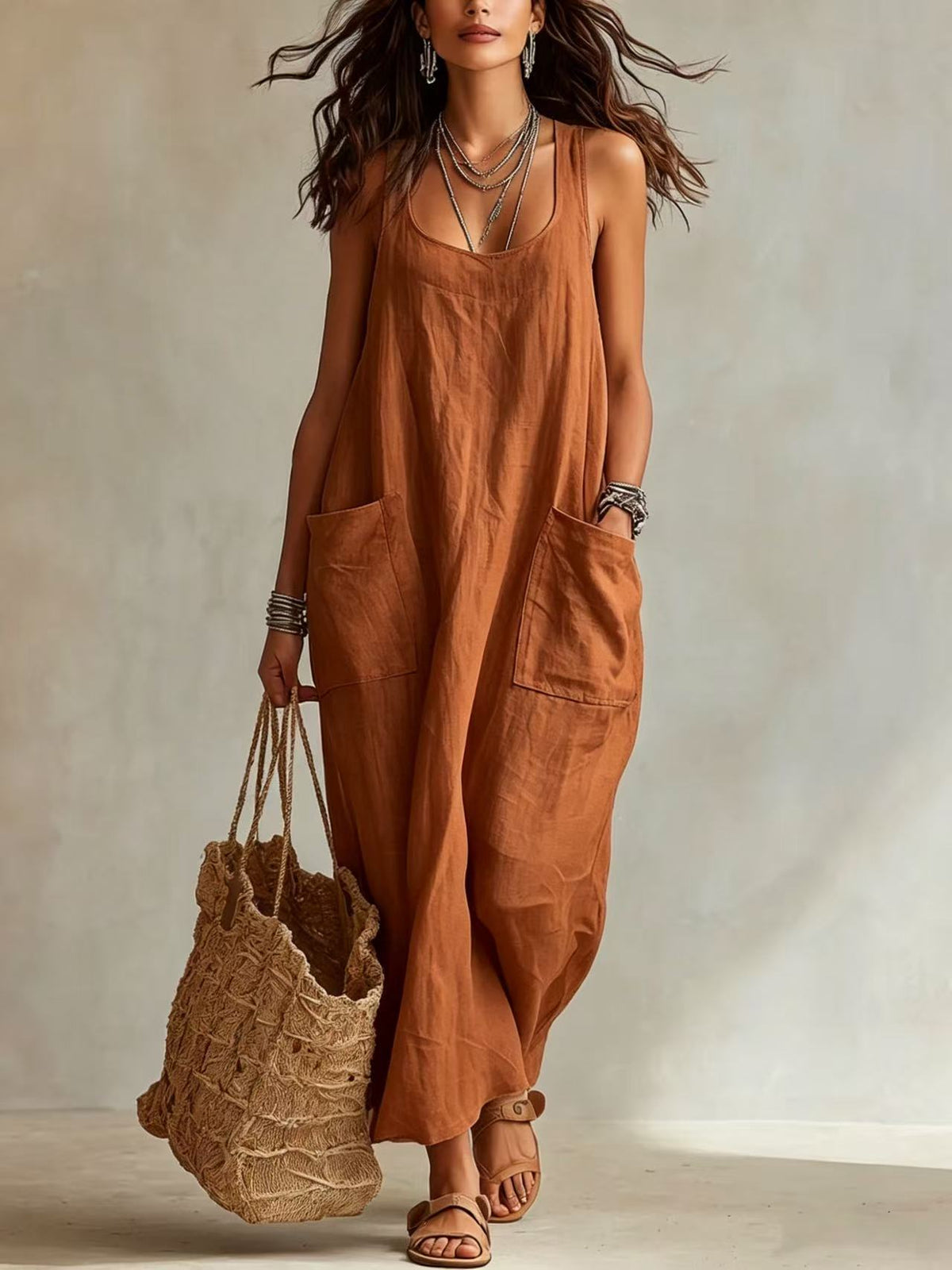 Casual Minimalist Pocketed Maxi Slip Dress