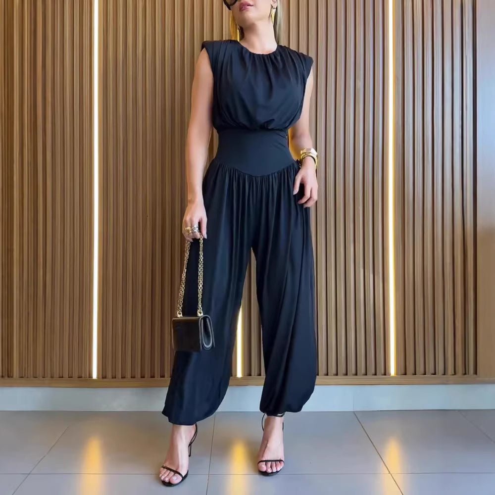 Drapey Sleeveless Wide Leg Waist Cinching Jumpsuit