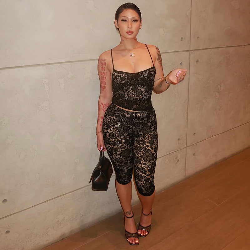Floral Lace Camisole and Cropped Pants Set