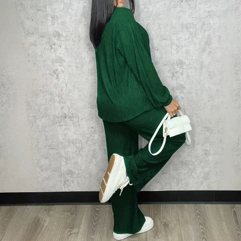 Loose-fitting collared shirt, tube top, and wide-leg trousers three-piece set