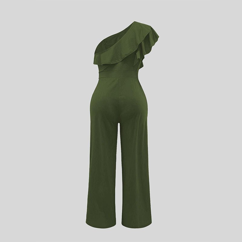 One-shoulder ruffled high-waisted wide-leg jumpsuit