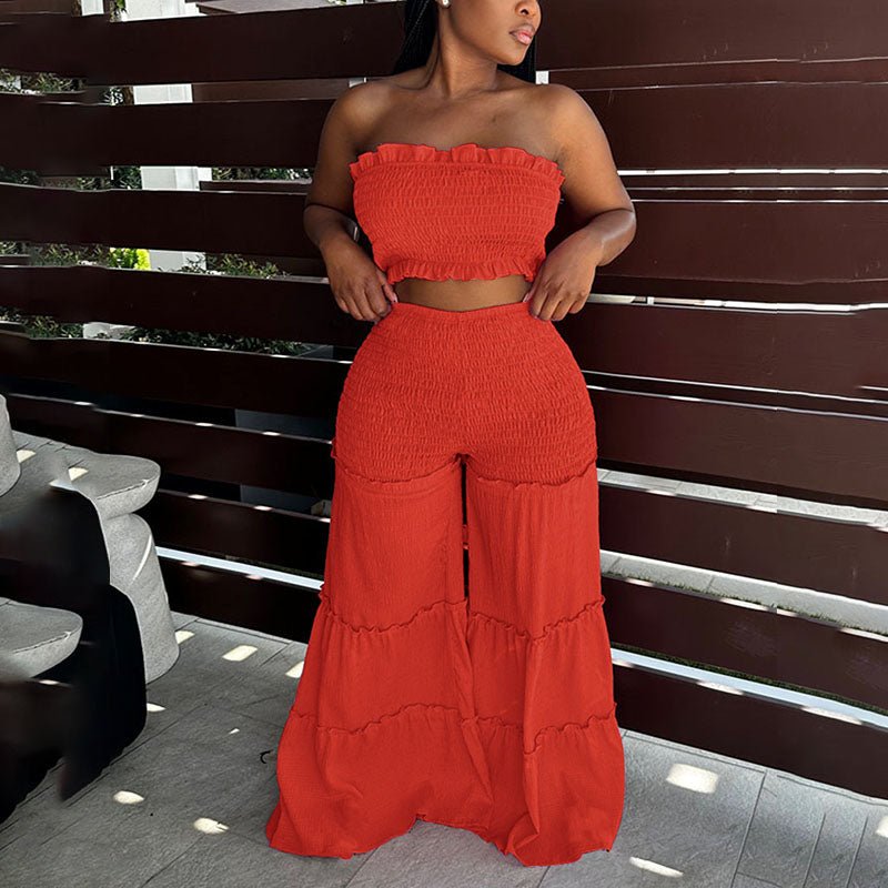 Ruched strapless top and tiered ruffle wide-leg pants set