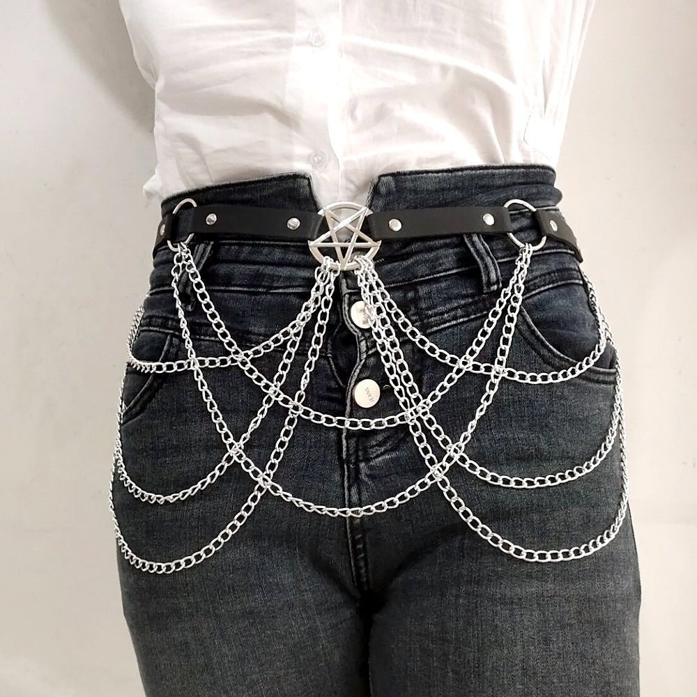 Rock-style multi-layered chain five-pointed star belt