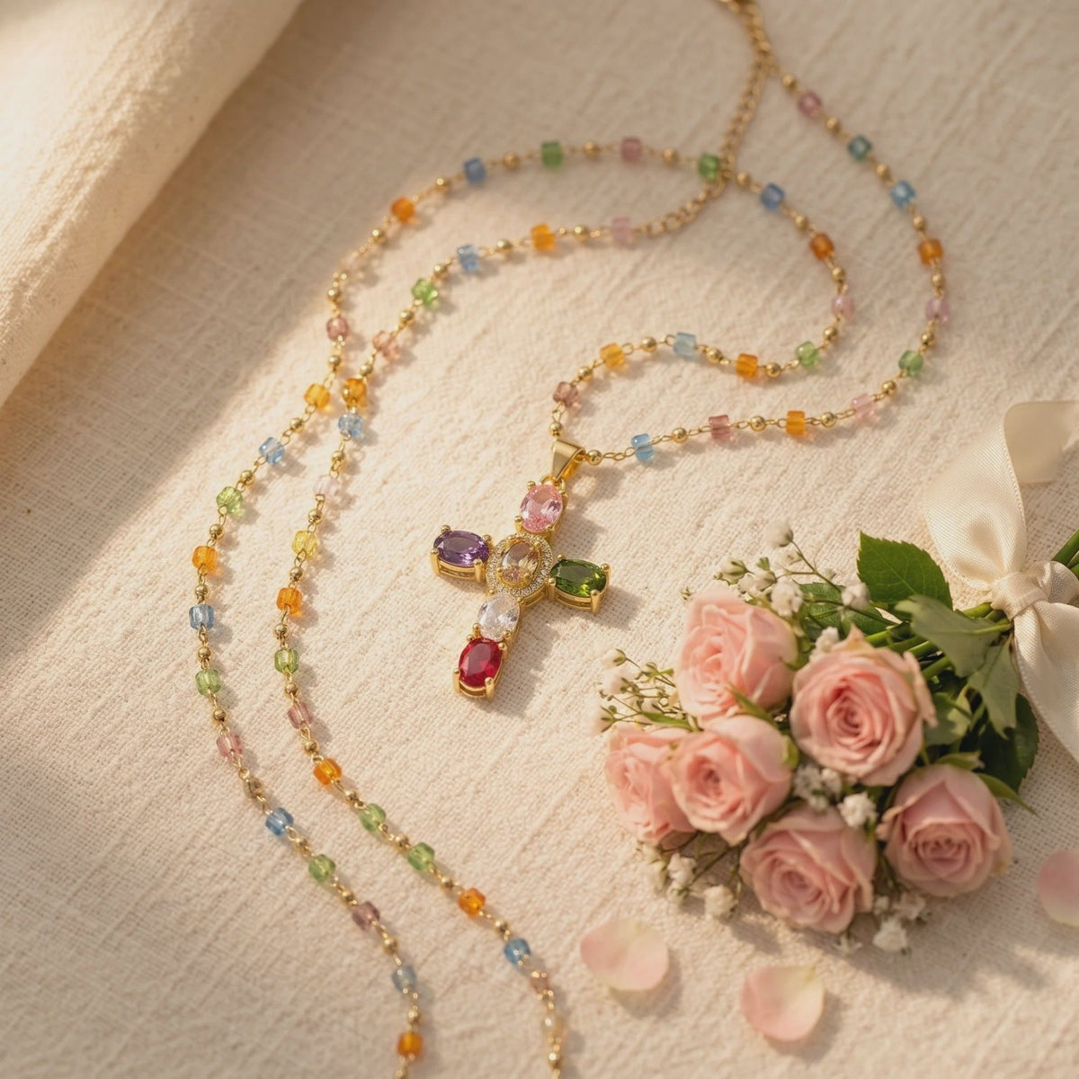Colorful beaded cross necklace