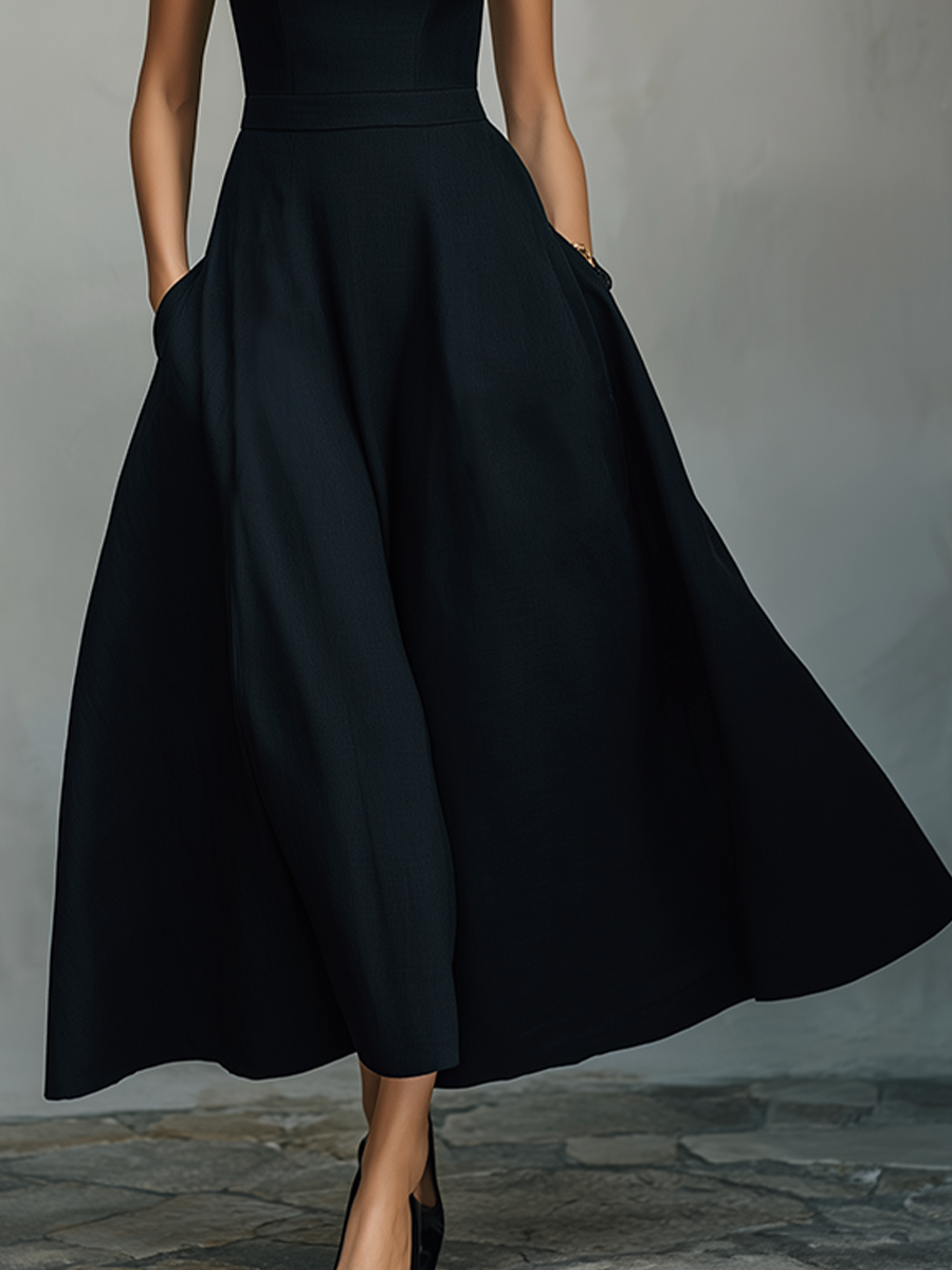 Women’s Square Neck Sleeveless Black A‑Line Maxi Dress With Pockets