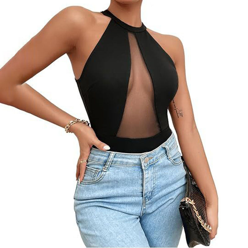 Cut-out mesh panel halter-neck bodysuit