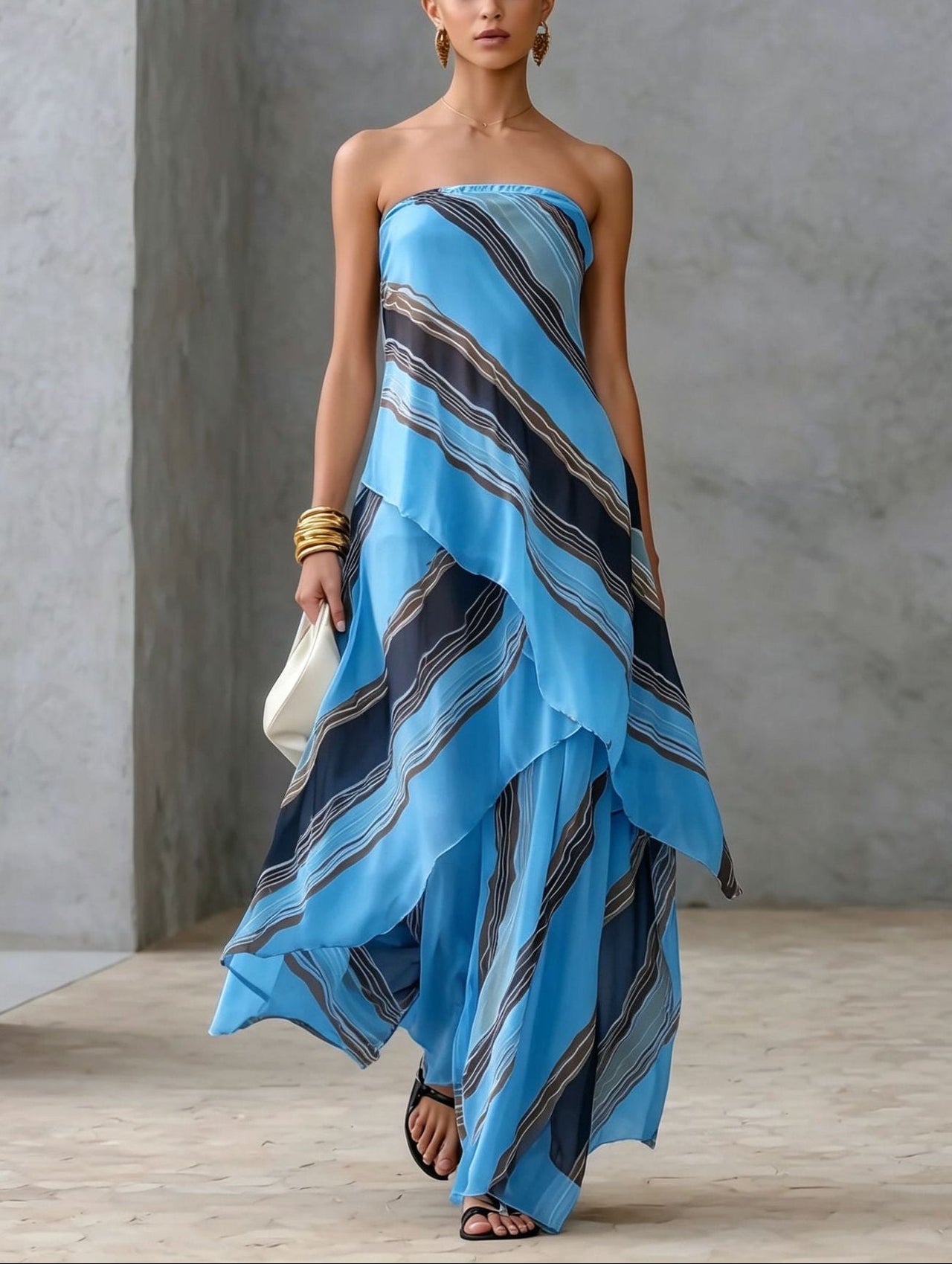 Casual Striped Chiffon Strapless Sleeveless Maxi Dress