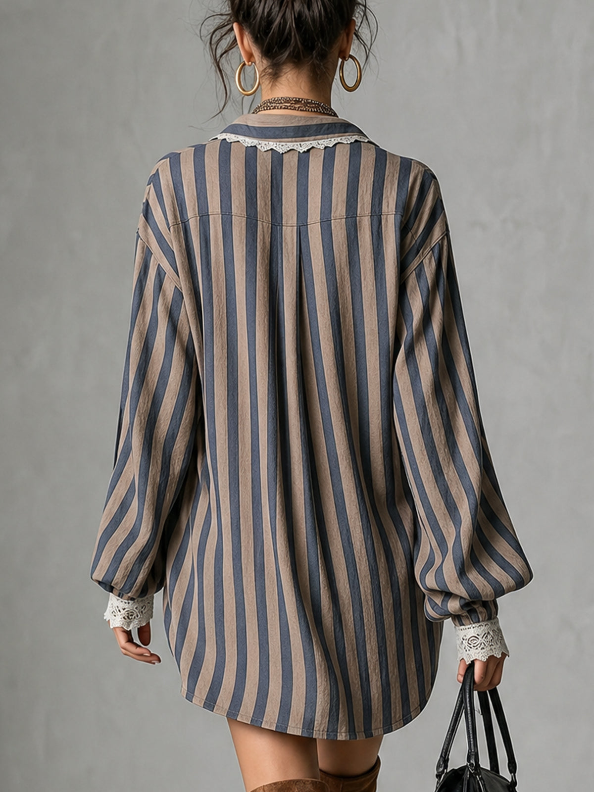 Taupe mini dress with blue stripes and lace trim
