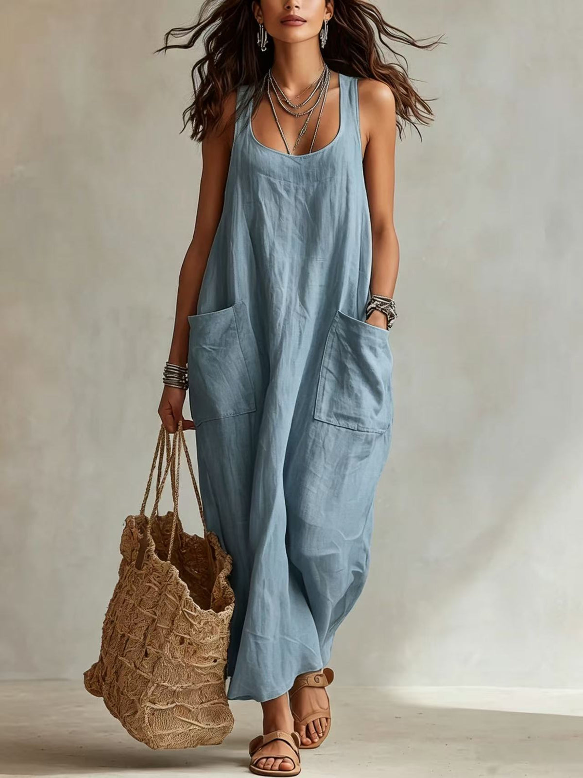 Casual Minimalist Pocketed Maxi Slip Dress