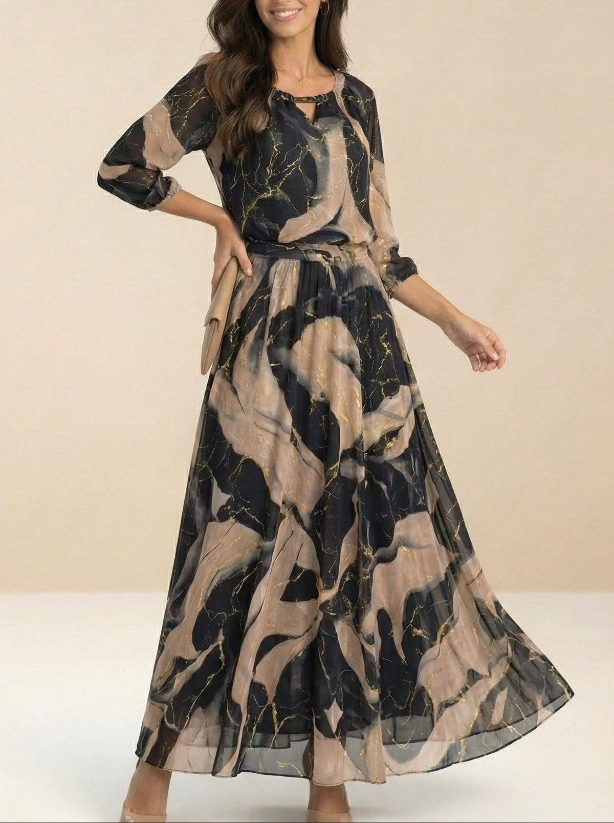 Elegant 3/4-sleeve printed waist-cinching dress
