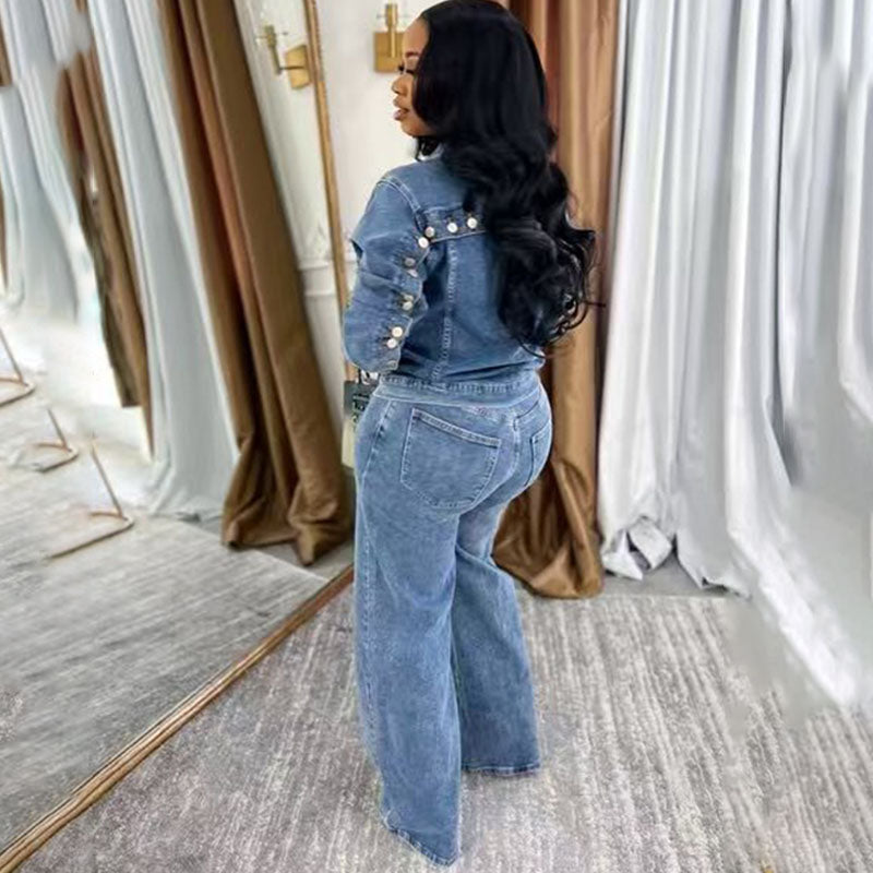 Long-sleeve button-front top and slim-fit jeans set