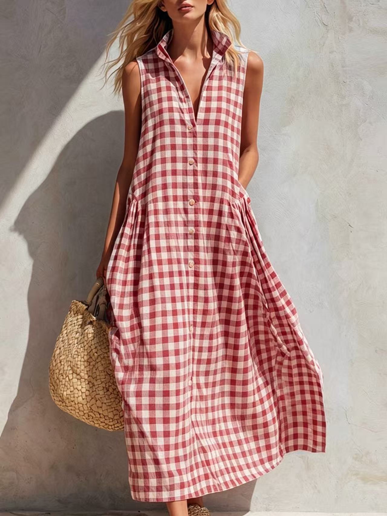 Loose-fitting plaid sleeveless beach vacation dress