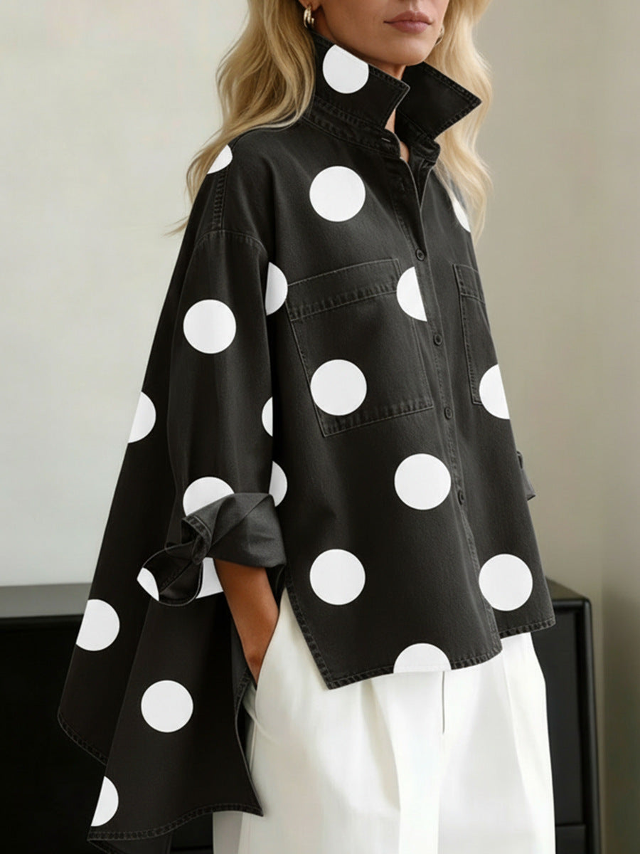 Printed Faux-Denim Casual Shirt with Stand Collar