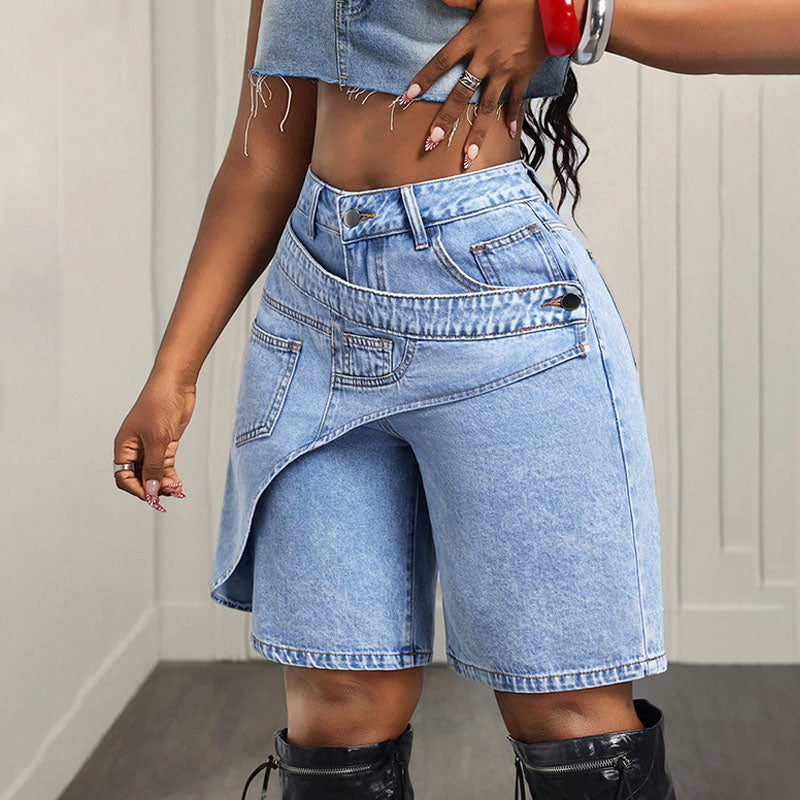 High-waisted irregular patchwork denim shorts