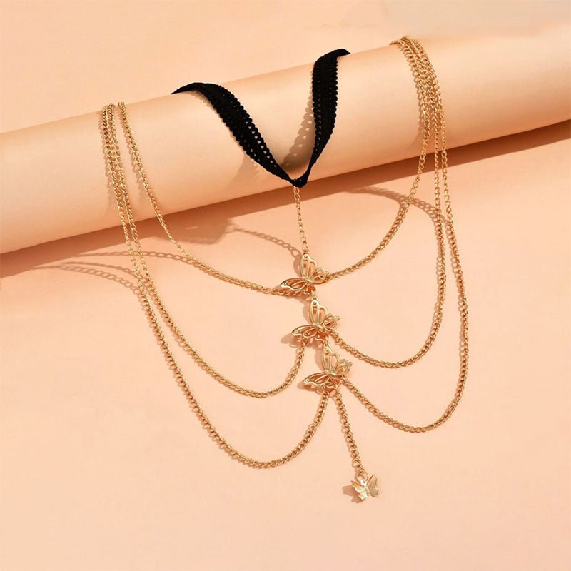 Elastic layered butterfly pendant thigh chain jewelry